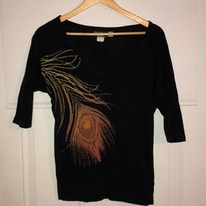 Jeweled peacock feather 3/4 sleeve shirt